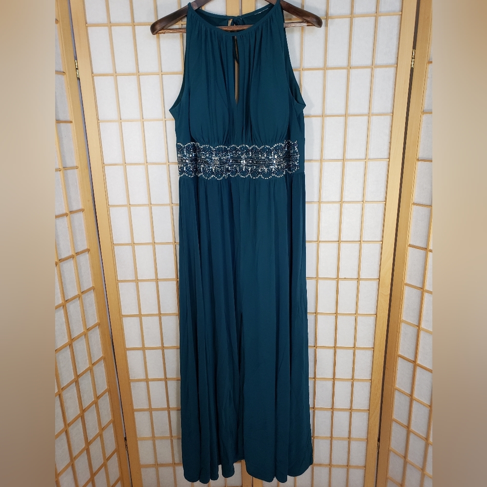 Avenues 2x or 18W Teal Evening Gown with Halter Top and Beaded & Sequin Trim